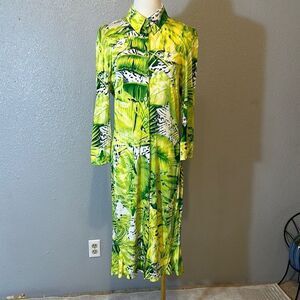 Escada tropical Vibrant Green Patterned long sleeve midi dress size 40 Medium